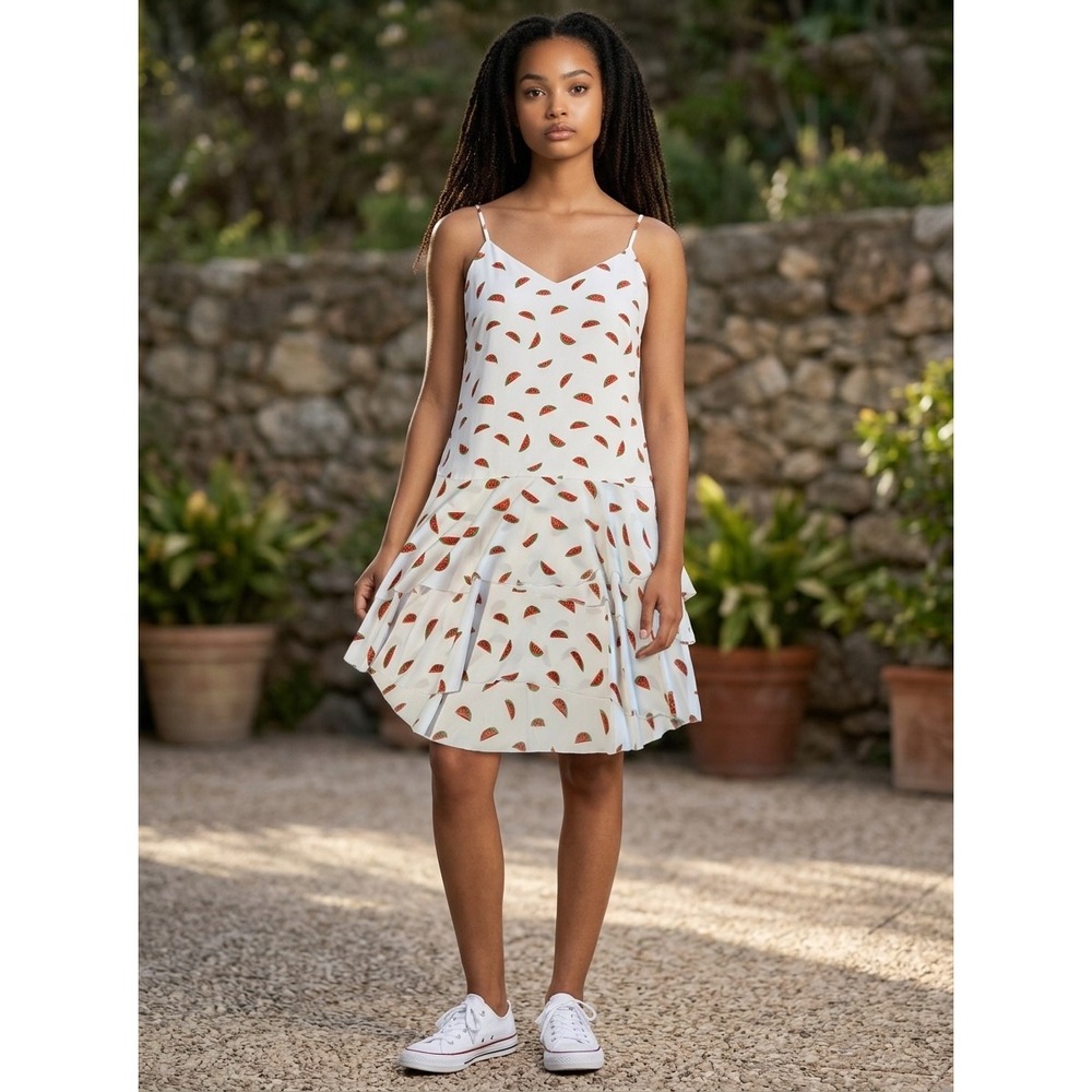 Cooper & Ella Women Watermelons White Tiered Casual Dress spaghetti strap short